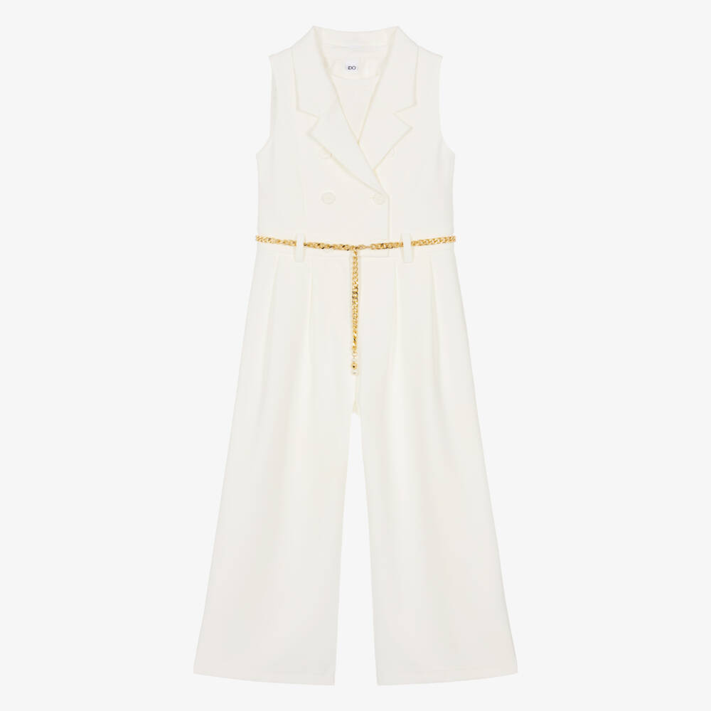 iDO-Girls Ivory Crêpe Jumpsuit with Vest Top & Golden Chain Belt | Childrensalon
