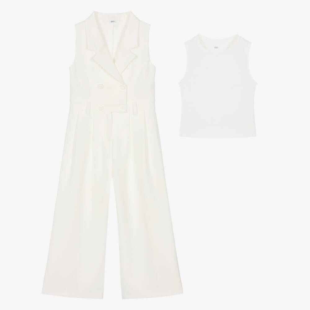 iDO-Girls Ivory Crêpe Jumpsuit with Vest Top & Golden Chain Belt | Childrensalon