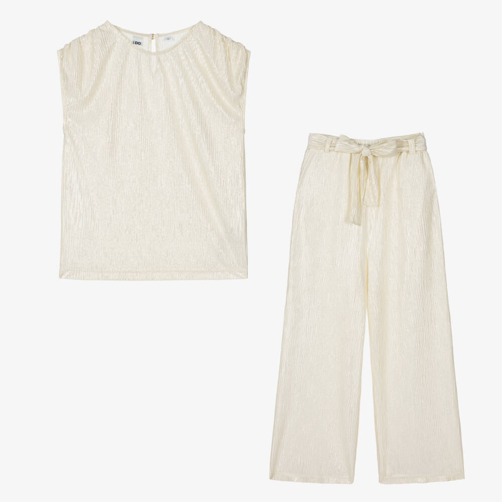 iDO Junior-Girls Ivory & Gold Pleated Trouser Set | Childrensalon