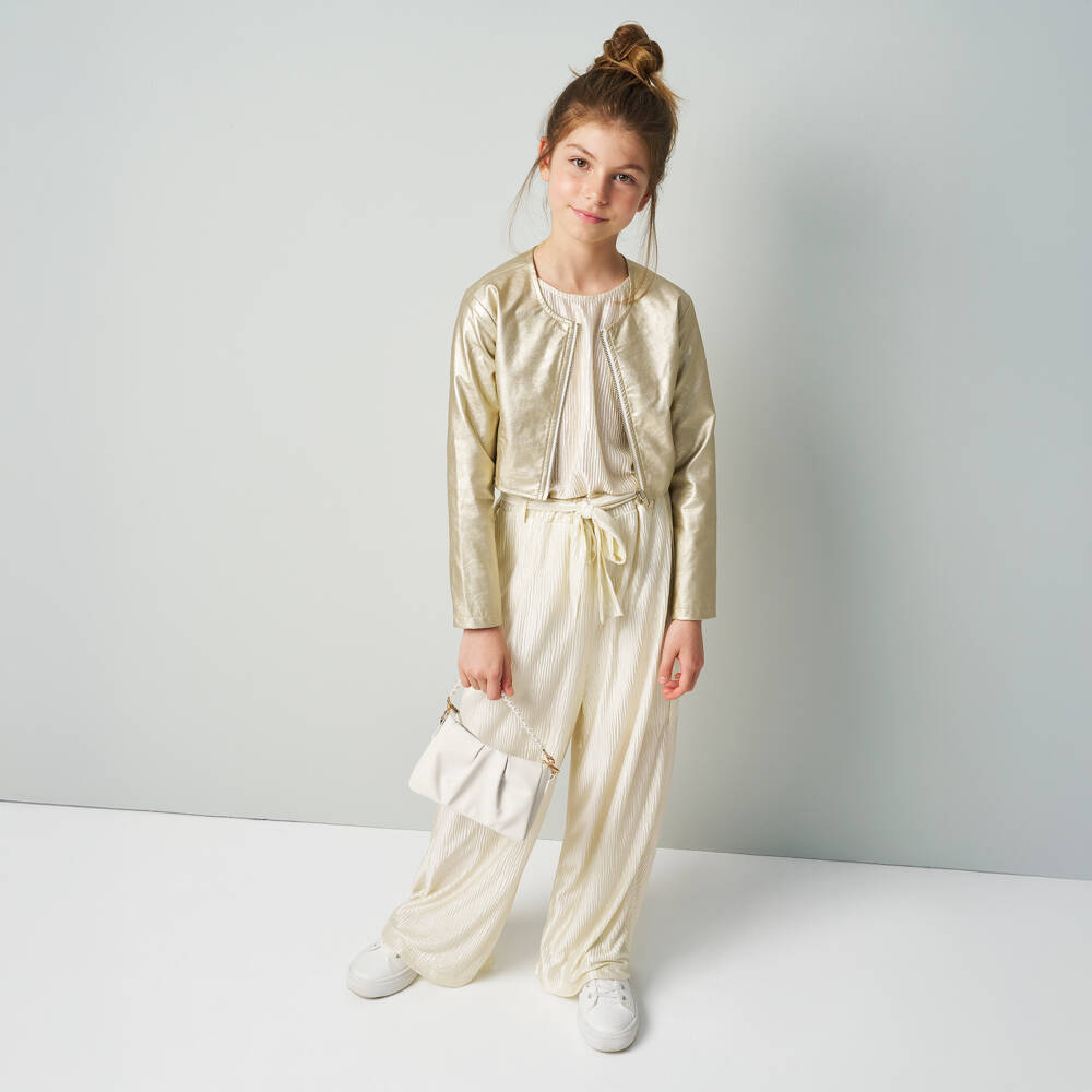 iDO Junior-Girls Ivory & Gold Pleated Trouser Set | Childrensalon