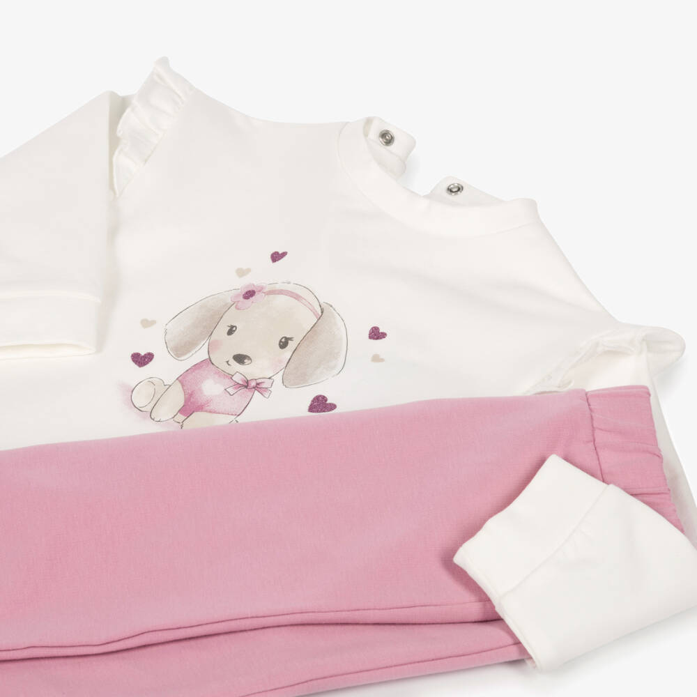 iDO-Girls Ivory & Pink Trouser Set with Puppy Motif | Childrensalon