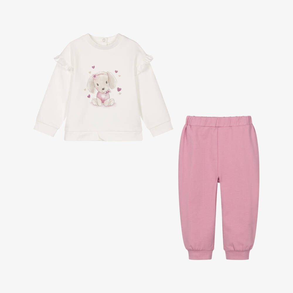 iDO-Girls Ivory & Pink Trouser Set with Puppy Motif | Childrensalon