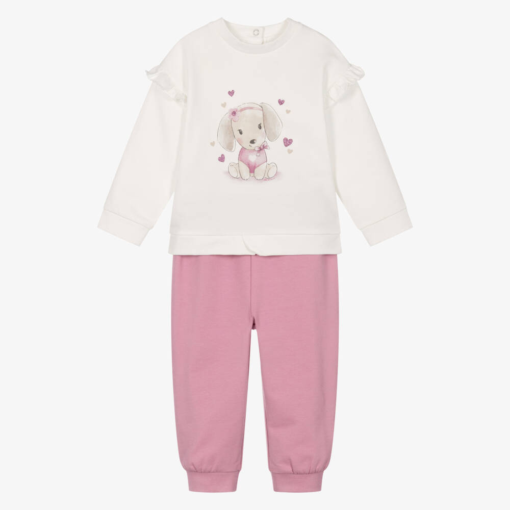 iDO-Girls Ivory & Pink Trouser Set with Puppy Motif | Childrensalon
