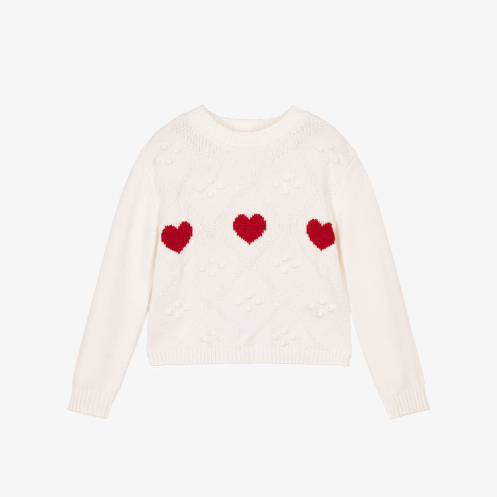 iDO-Girls Ivory & Red Hearts Sweater | Childrensalon