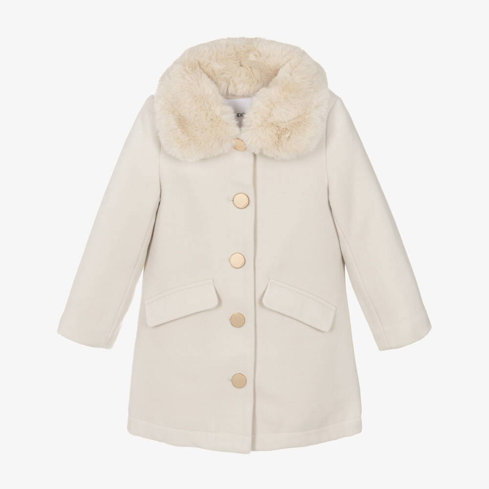 iDO-Girls Ivory Single Breasted Coat with Faux Fur Collar | Childrensalon