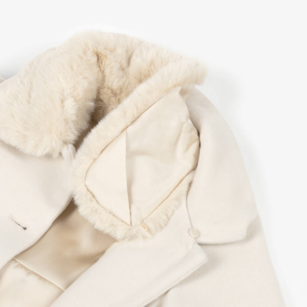 iDO-Girls Ivory Single Breasted Coat with Faux Fur Collar | Childrensalon