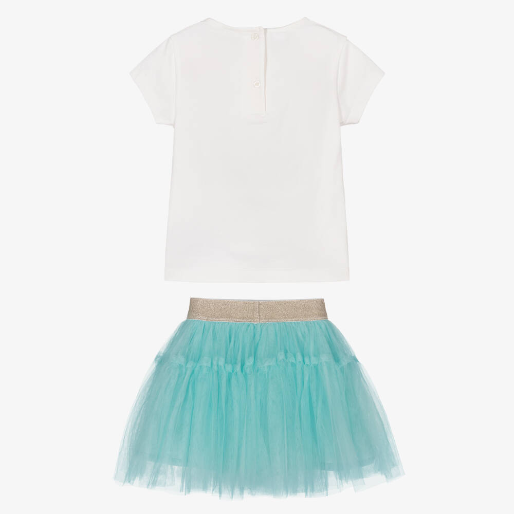 iDO-طقم تنورة وتيشيرت لون عاجي وأزرق تركواز للبنات | Childrensalon