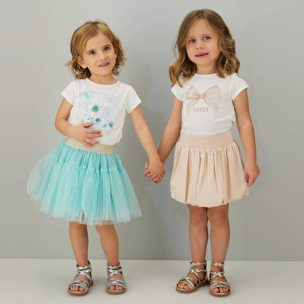 iDO-Girls Ivory T-Shirt & Turquoise Blue Tulle Skirt Set | Childrensalon