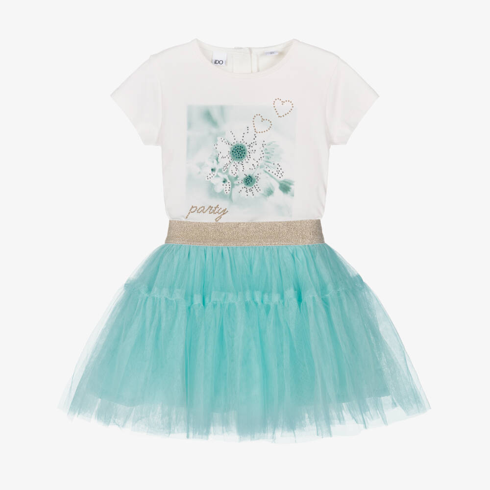 iDO-Girls Ivory T-Shirt & Turquoise Blue Tulle Skirt Set | Childrensalon