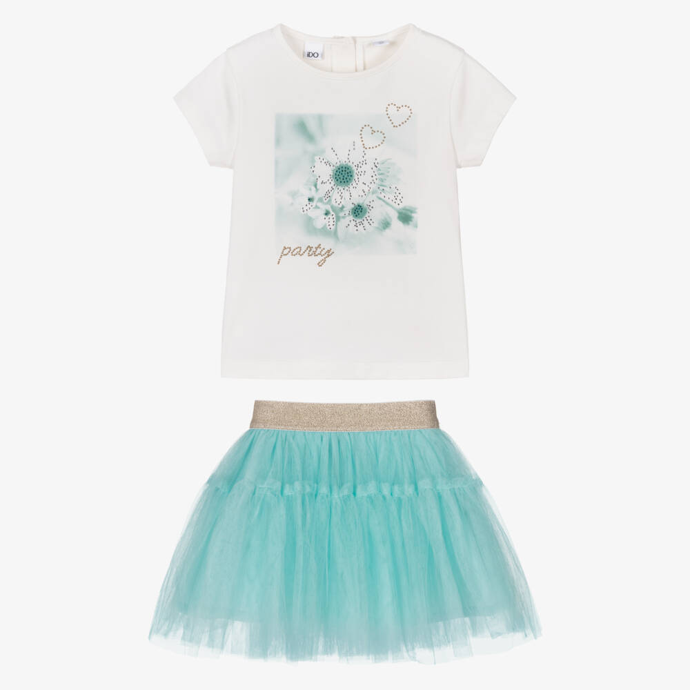 iDO-طقم تنورة وتيشيرت لون عاجي وأزرق تركواز للبنات | Childrensalon
