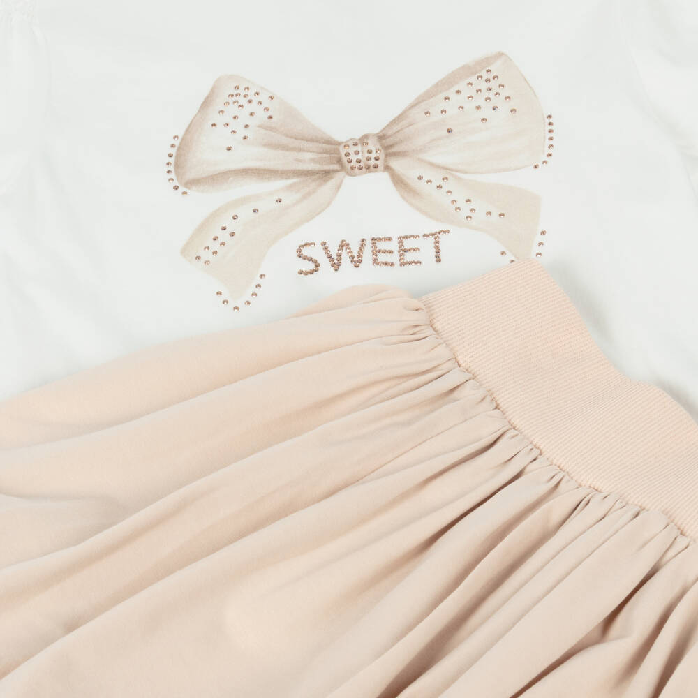 iDO-Girls Ivory Top & Beige Cotton Jersey Puffball Skirt Set | Childrensalon
