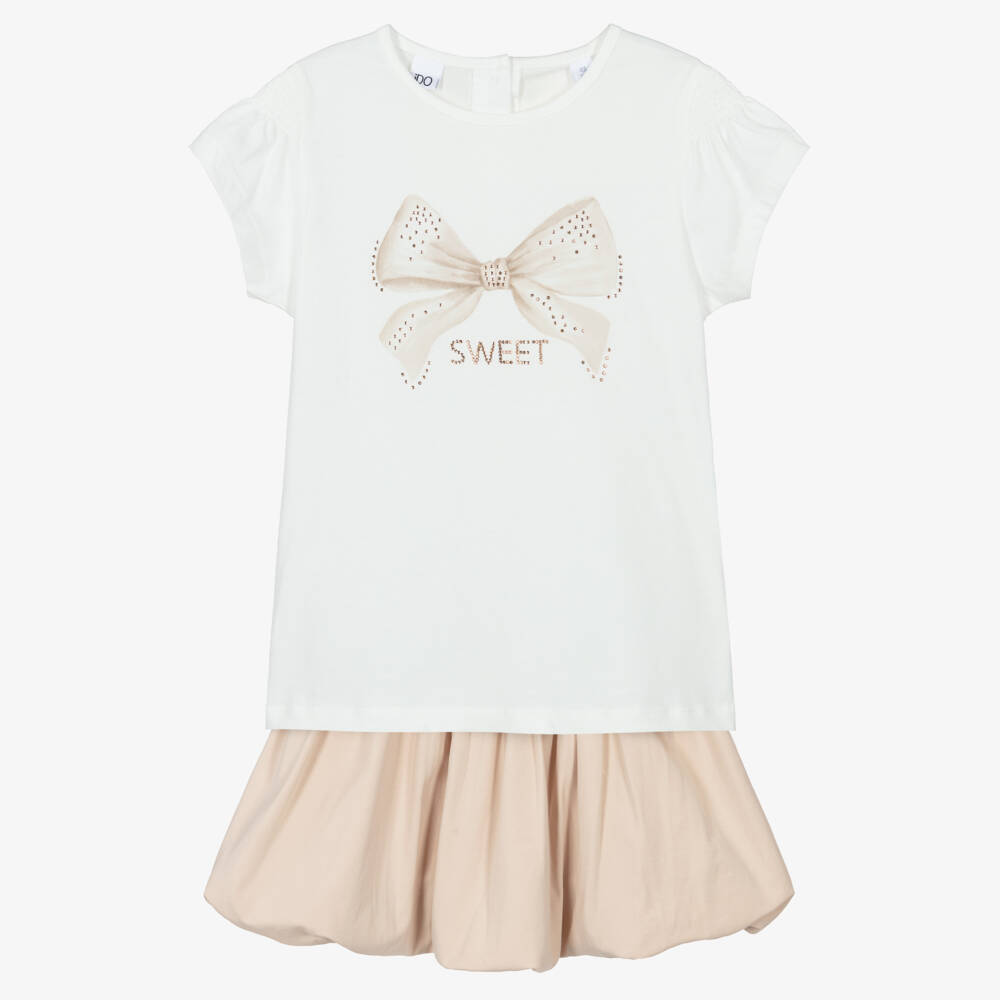 iDO-Girls Ivory Top & Beige Cotton Jersey Puffball Skirt Set | Childrensalon