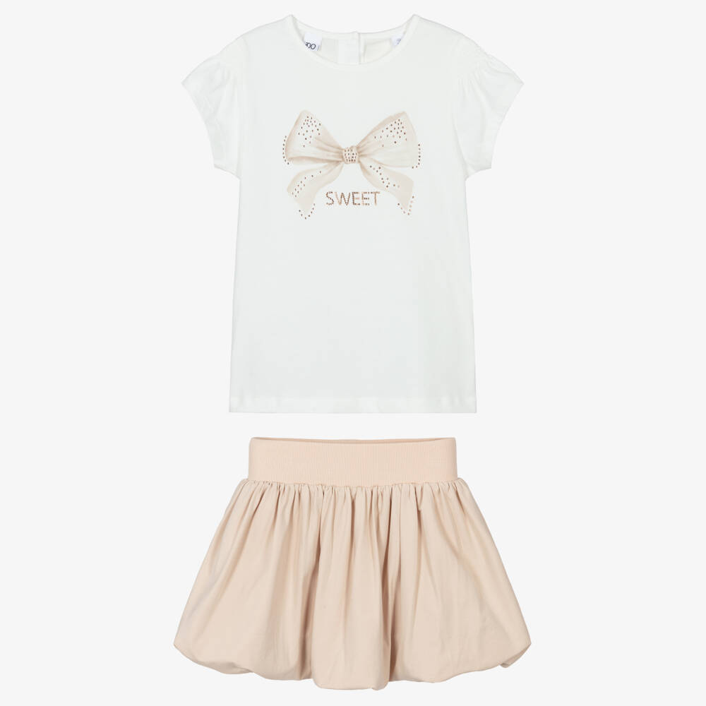 iDO-Girls Ivory Top & Beige Cotton Jersey Puffball Skirt Set | Childrensalon