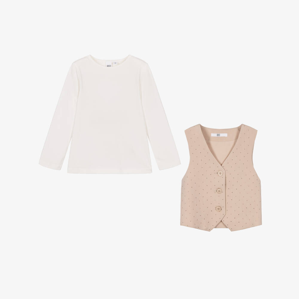 iDO-Girls Ivory Top & Beige Waistcoat Set | Childrensalon