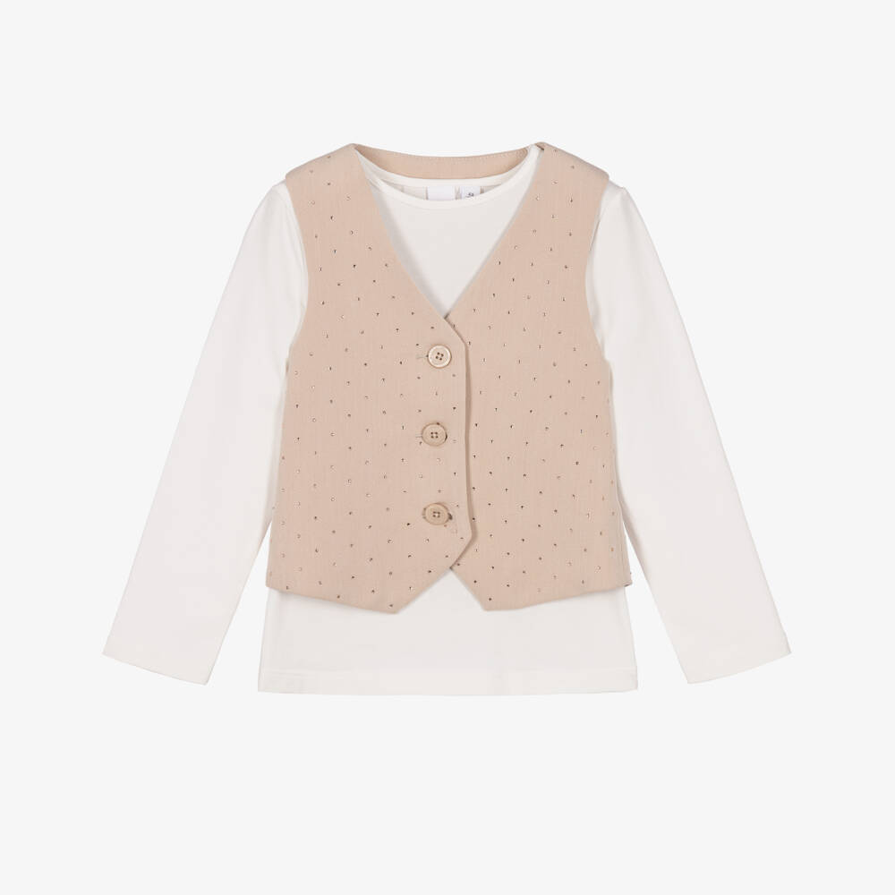 iDO-Girls Ivory Top & Beige Waistcoat Set | Childrensalon