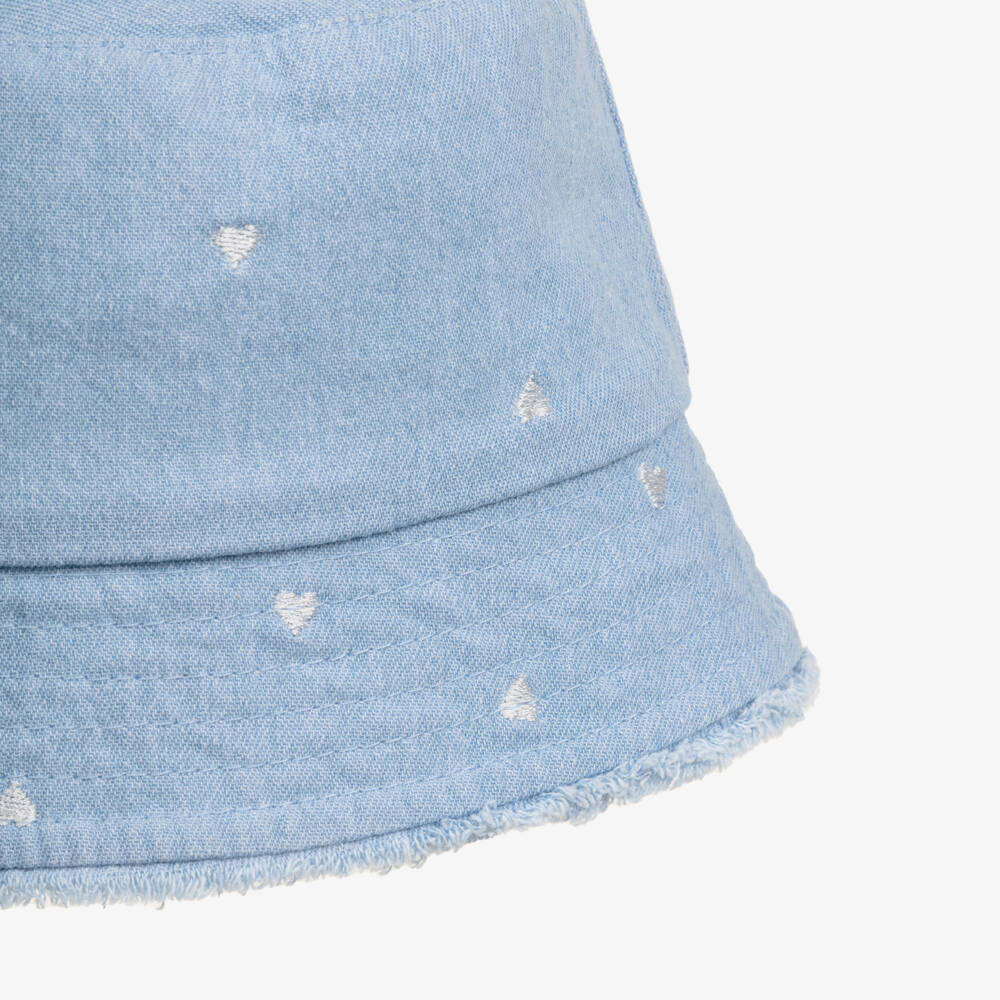 iDO-Girls Light Blue Denim Hat with Embroidered Hearts | Childrensalon