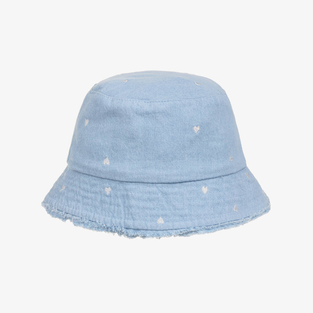 iDO-Girls Light Blue Denim Hat with Embroidered Hearts | Childrensalon