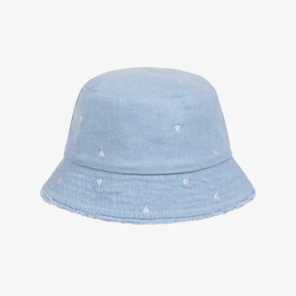 iDO-Girls Light Blue Denim Hat with Embroidered Hearts | Childrensalon