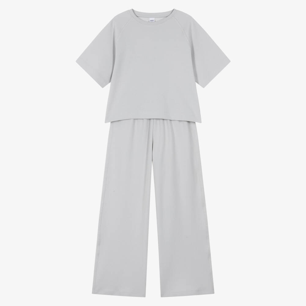 iDO-Girls Light Grey Cotton Jersey Trouser Set | Childrensalon