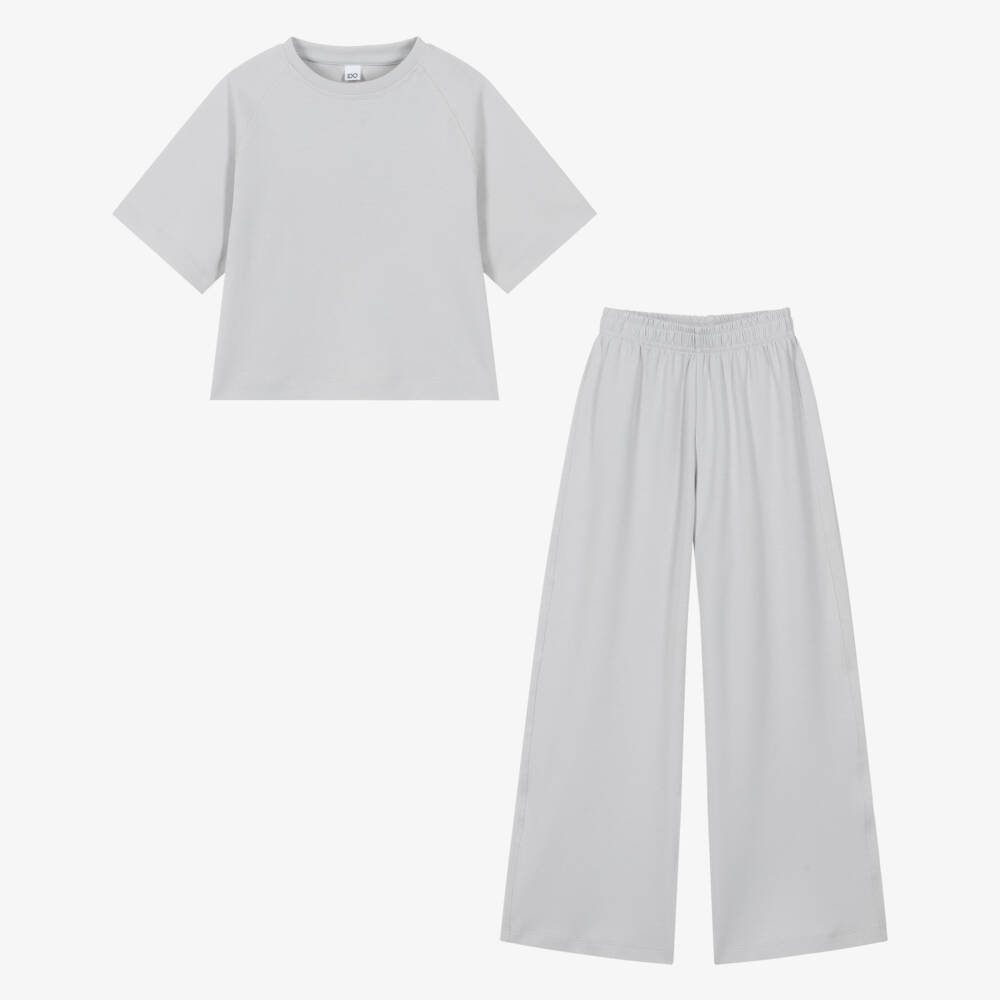 iDO-Girls Light Grey Cotton Jersey Trouser Set | Childrensalon