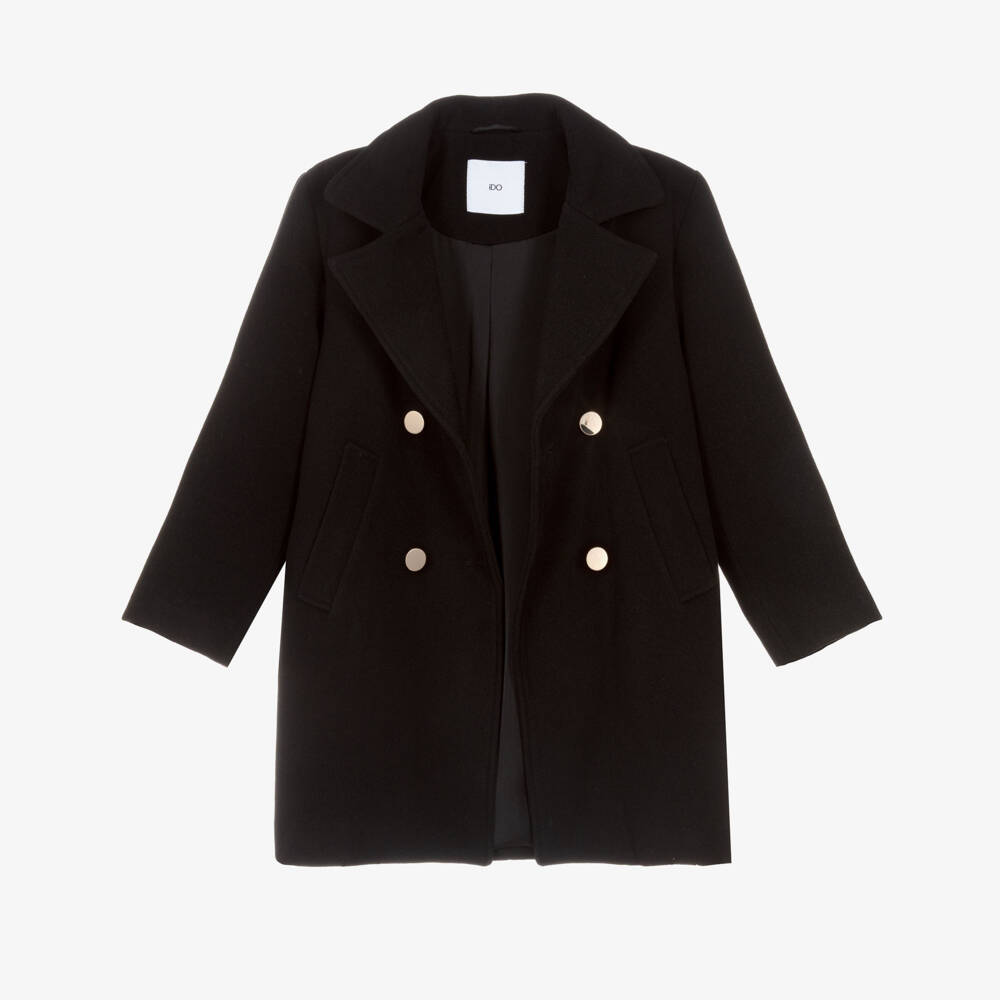 iDO-Girls Long Black Double Breasted Coat | Childrensalon