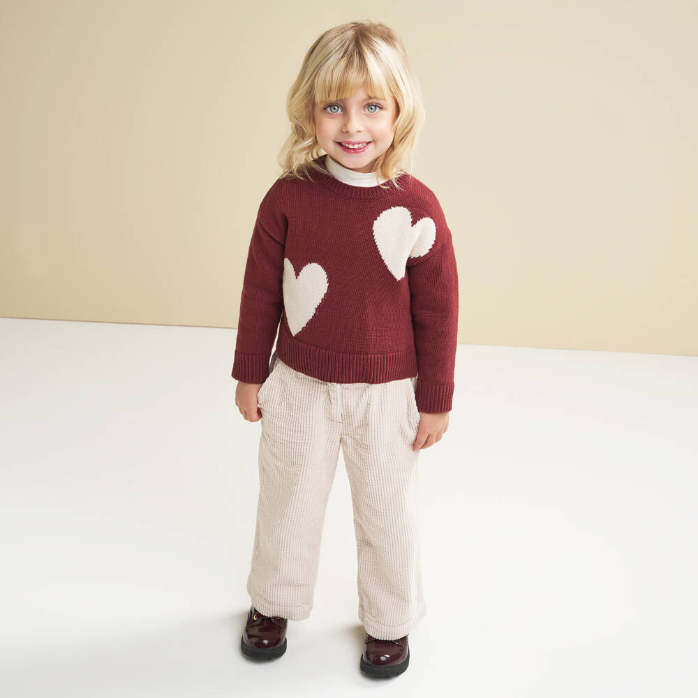 iDO-Girls Maroon Red Knitted Sweater with Heart Motifs | Childrensalon