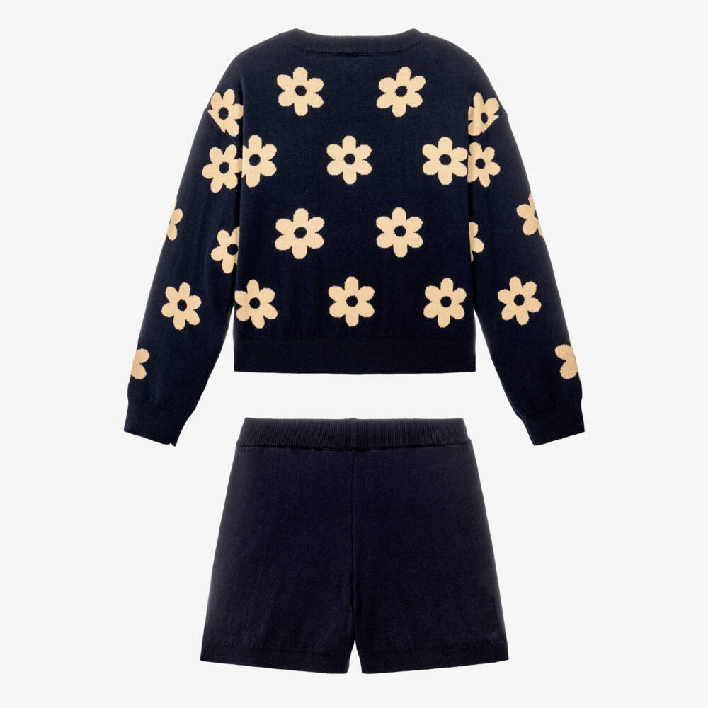 iDO-Girls Navy Blue Knitted Shorts Set with Flower Motifs | Childrensalon