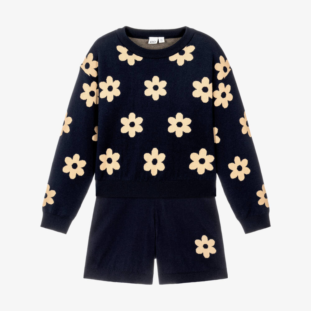 iDO-Girls Navy Blue Knitted Shorts Set with Flower Motifs | Childrensalon