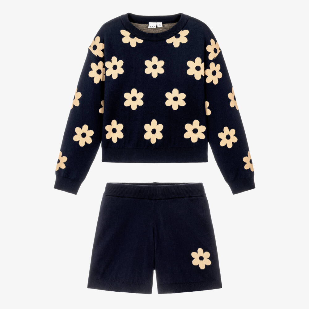 iDO-Girls Navy Blue Knitted Shorts Set with Flower Motifs | Childrensalon
