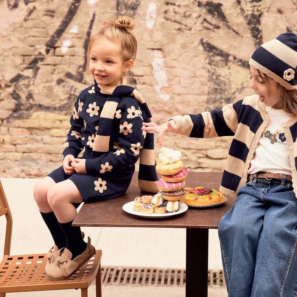 iDO-Girls Navy Blue Knitted Shorts Set with Flower Motifs | Childrensalon