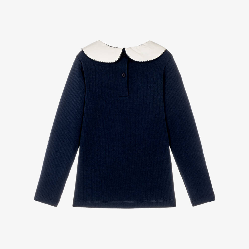 iDO-Girls Navy Cotton Rib Top with White Collar | Childrensalon
