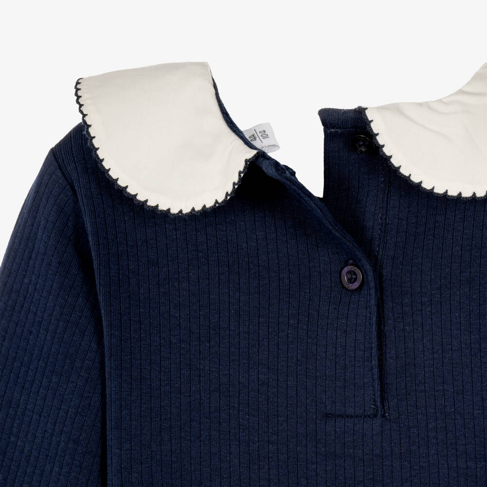 iDO-Girls Navy Cotton Rib Top with White Collar | Childrensalon