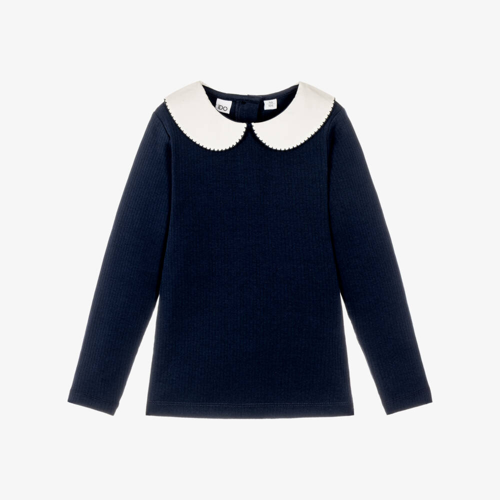 iDO-Girls Navy Cotton Rib Top with White Collar | Childrensalon