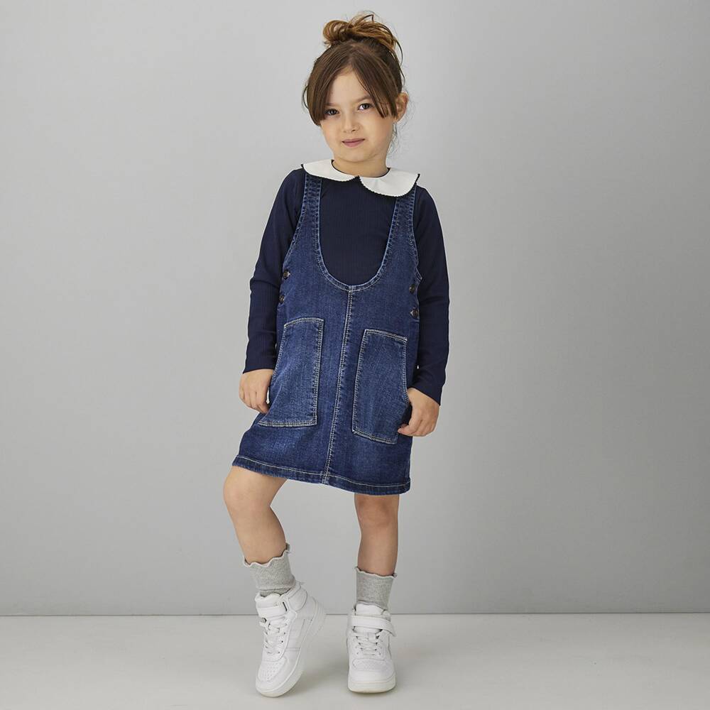 iDO-Girls Navy Cotton Rib Top with White Collar | Childrensalon
