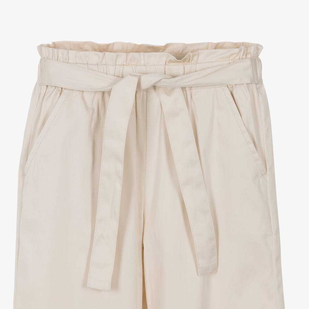 iDO-Girls Pale Beige Cotton Trousers with Bow Belt | Childrensalon