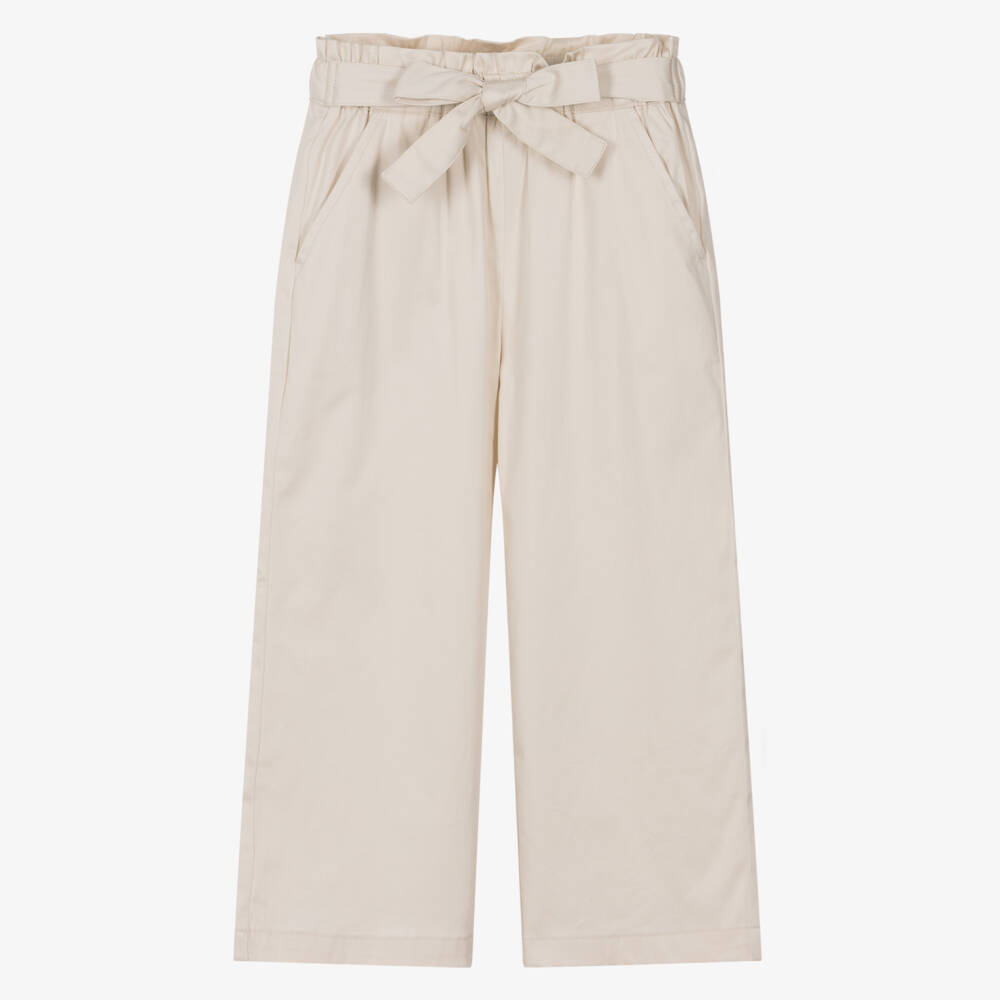 iDO-Girls Pale Beige Cotton Trousers with Bow Belt | Childrensalon