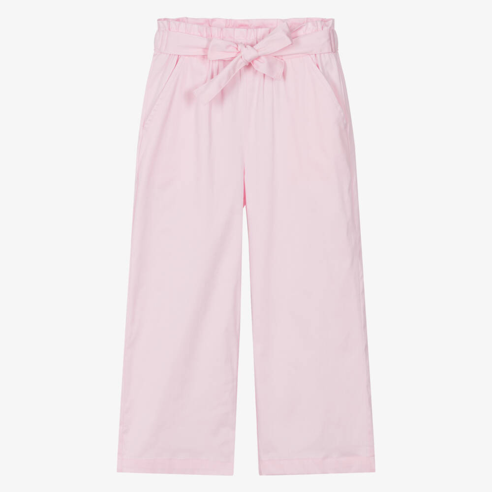 iDO-Girls Pale Pink Cotton Trousers with Bow Belt | Childrensalon