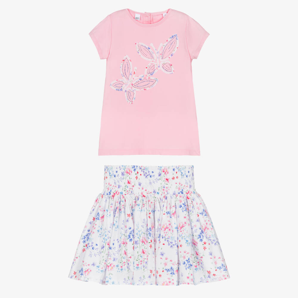 iDO-Girls Pink Cotton Butterfly & Floral Print Skirt Set | Childrensalon