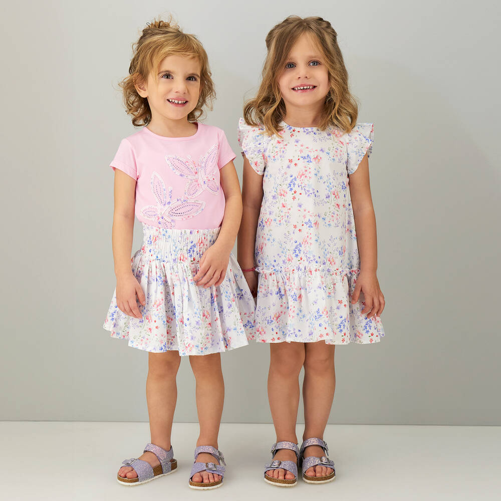 iDO-Girls Pink Cotton Butterfly & Floral Print Skirt Set | Childrensalon