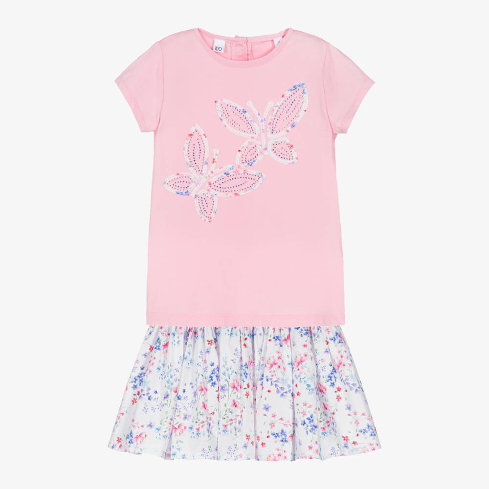 iDO-Girls Pink Cotton Butterfly & Floral Print Skirt Set | Childrensalon