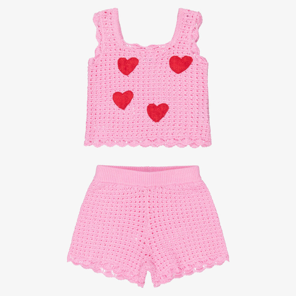 iDO-طقم شورت محبوك قطن لون زهري للبنات | Childrensalon