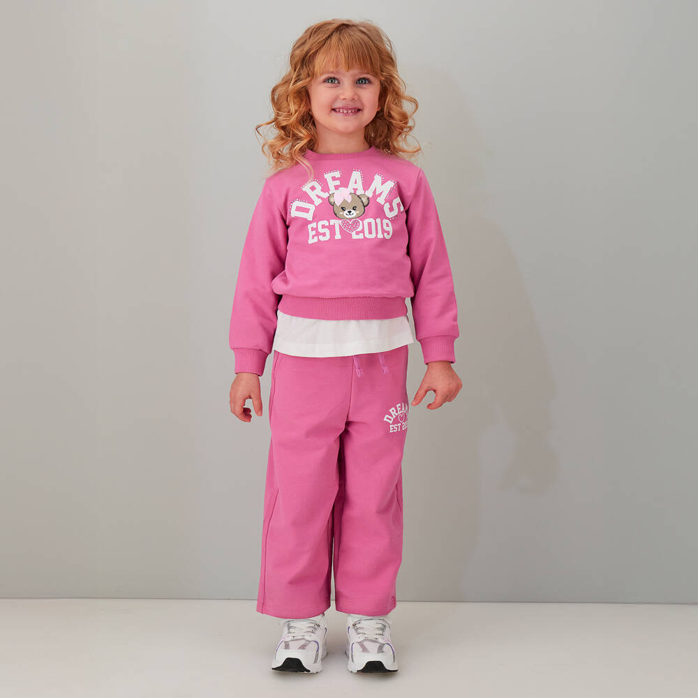 iDO-Girls Pink Cotton Dreams Tracksuit with Teddy Embroidery | Childrensalon