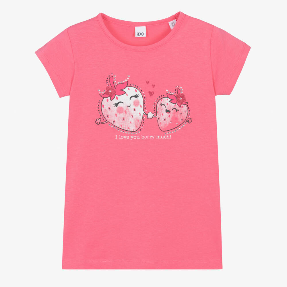 iDO-Girls Pink Cotton Strawberry Print T-Shirt | Childrensalon