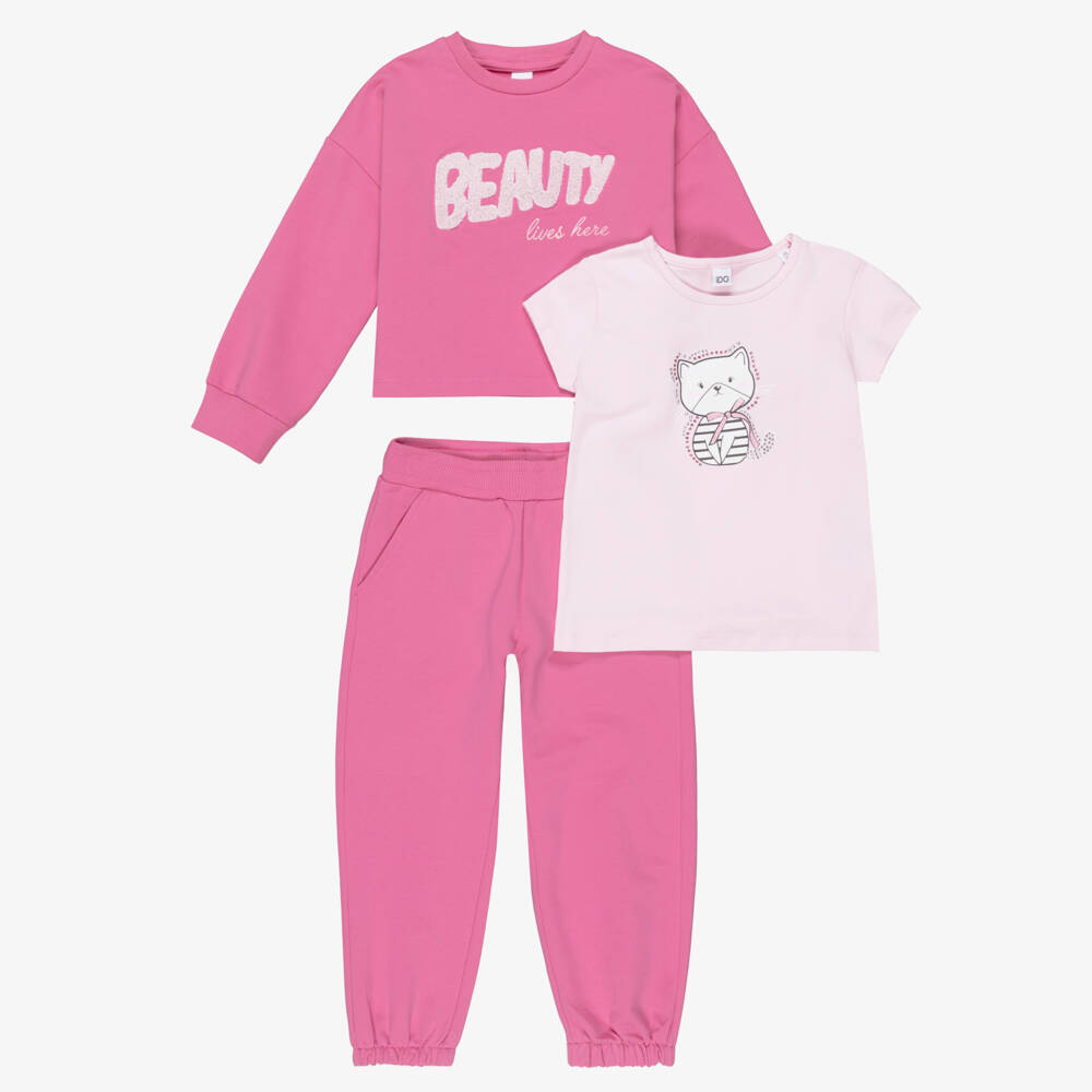 iDO-Girls Pink Cotton Tracksuit & T-Shirt Set | Childrensalon