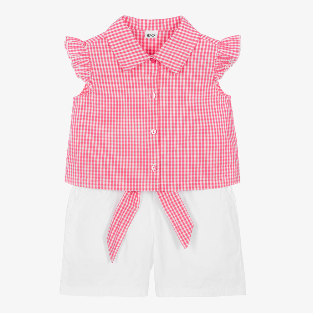 iDO-Girls Pink Gingham Top & White Shorts Set | Childrensalon