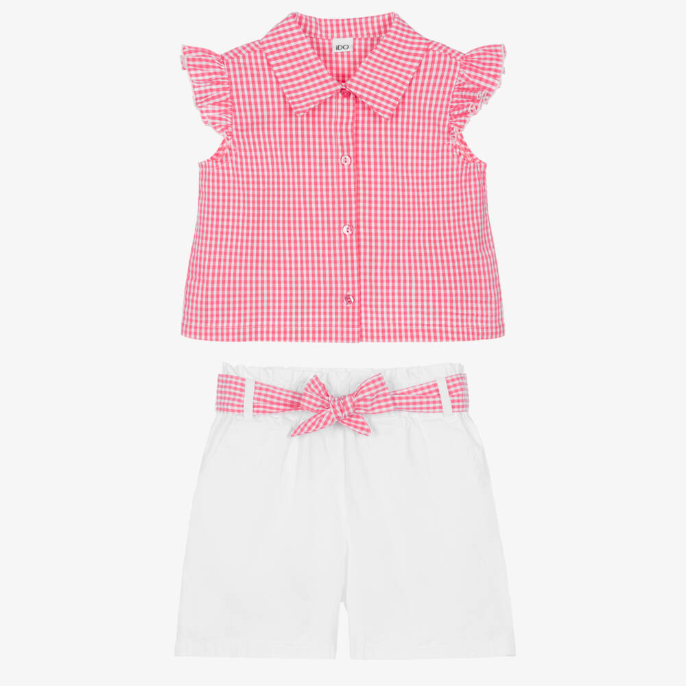 iDO-Girls Pink Gingham Top & White Shorts Set | Childrensalon