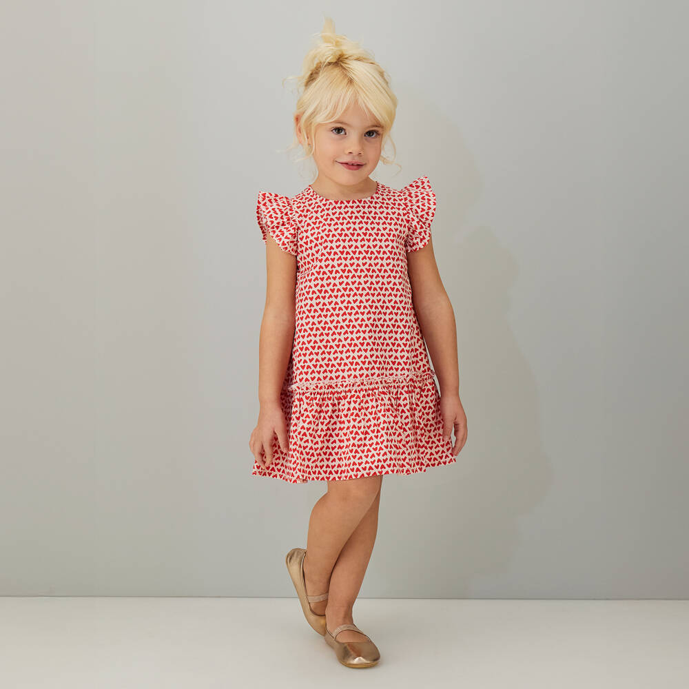 iDO-Girls Pink & Red Heart Print Cotton Dress | Childrensalon