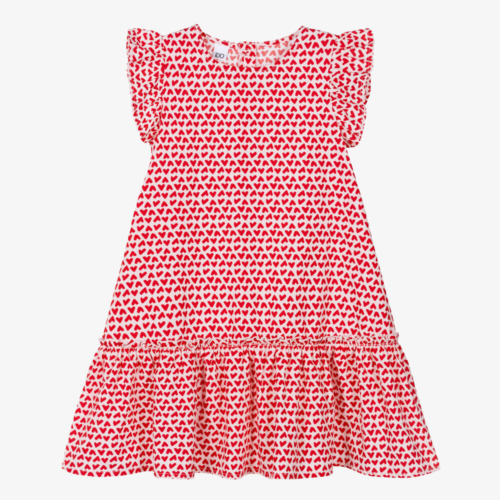 iDO-Girls Pink & Red Heart Print Cotton Dress | Childrensalon