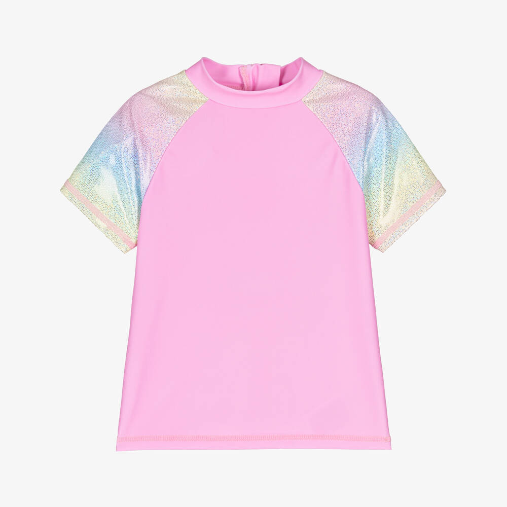 iDO-Girls Pink Swim Top with Pastel Rainbow Sleeves | Childrensalon