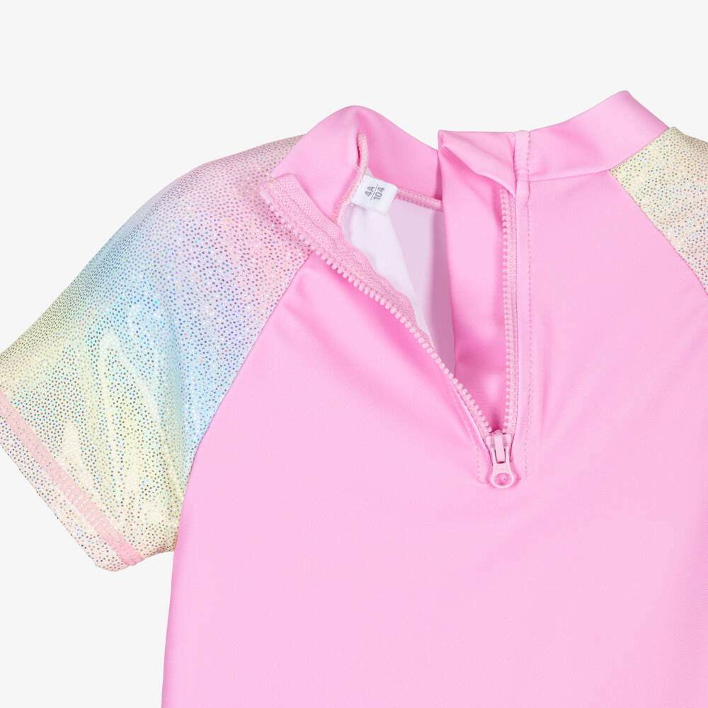 iDO-Girls Pink Swim Top with Pastel Rainbow Sleeves | Childrensalon